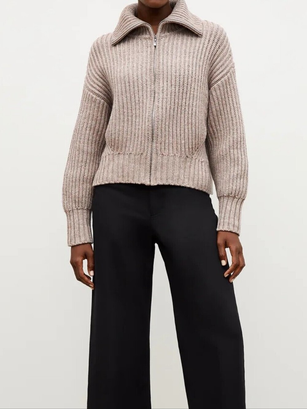 Mm Lafleur The William Sweater Chunky Zip-Front Ribbed Knit in Taupe.